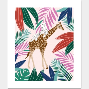 Giraffe and leopard in the jungle Posters and Art